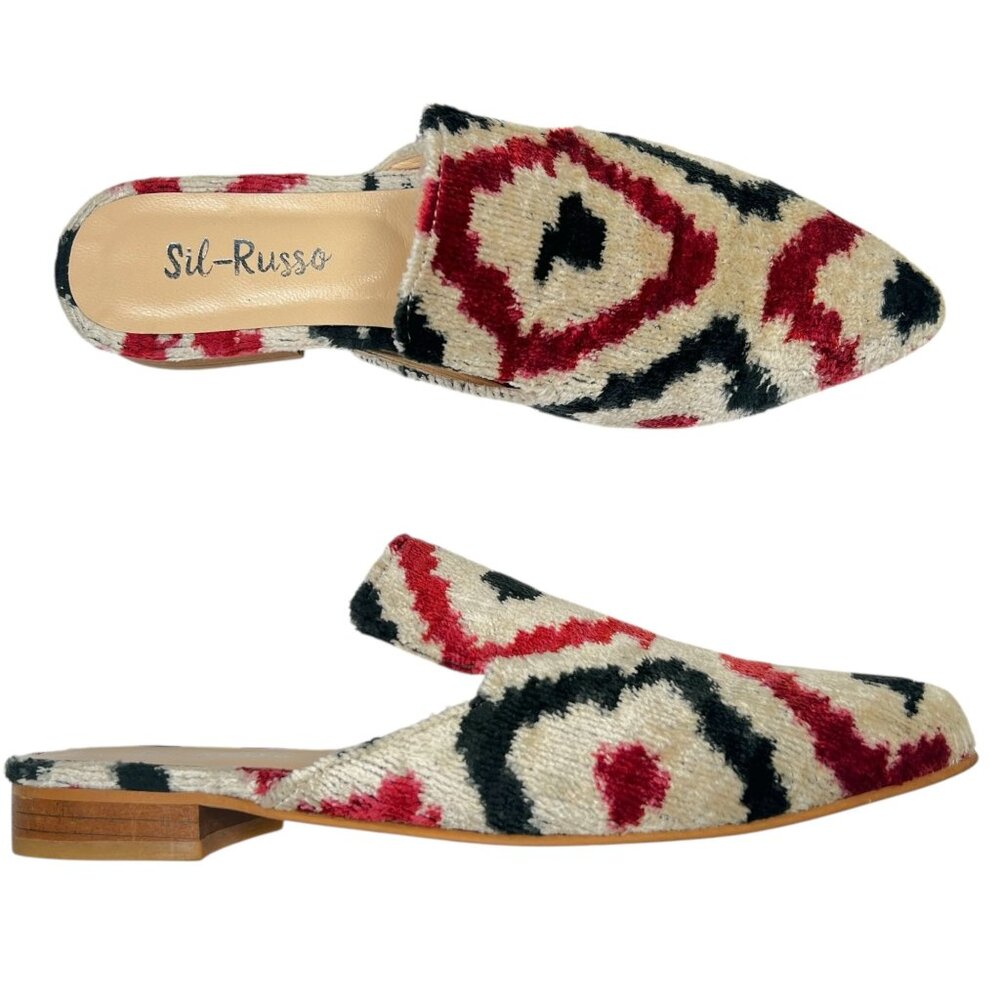 Sil-Russo Ikat Tapestry Mules Flats Slides Geometric Ivory Red Black 38 US 7-7.5